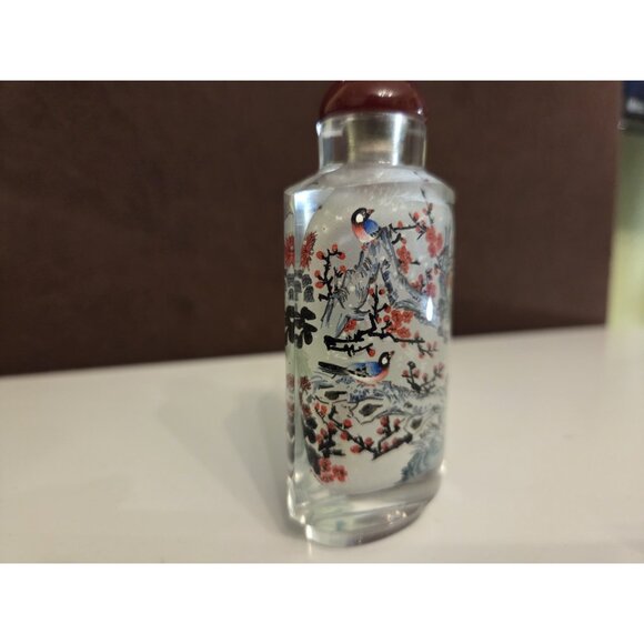 Vtg Chinese Reverse Painted Snuff Bottle Stopper Birds Flowers Cherry Blossoms - Picture 2 of 15